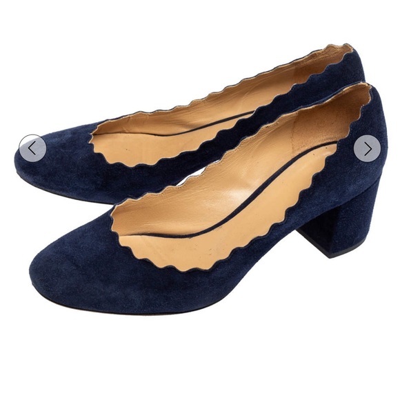 NWT Chloe Blue Suede Lauren Scallop Trim Block Heel Pumps Size 37 - Picture 4 of 12